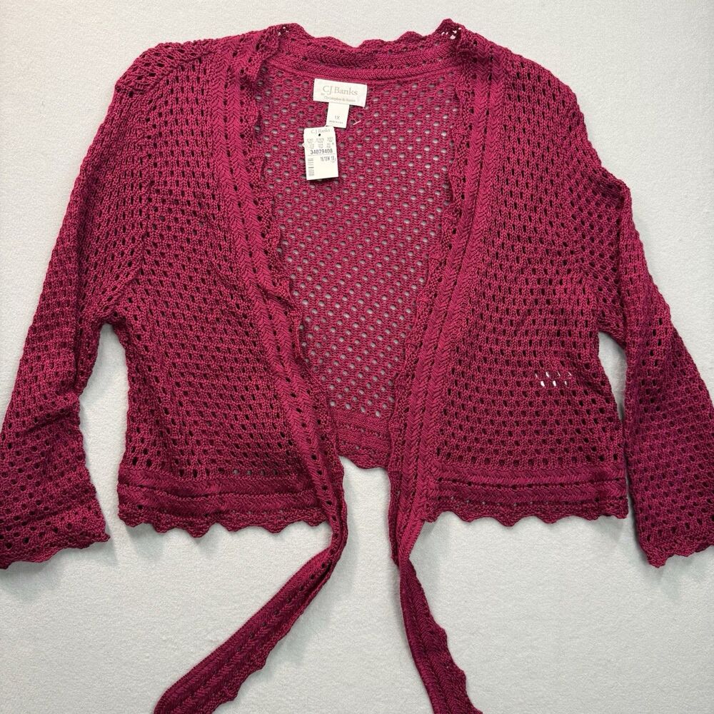 NWT CJ Banks 1X Shrug Cardigan Sweater Magenta Pink Open Crochet Knit Tie Front